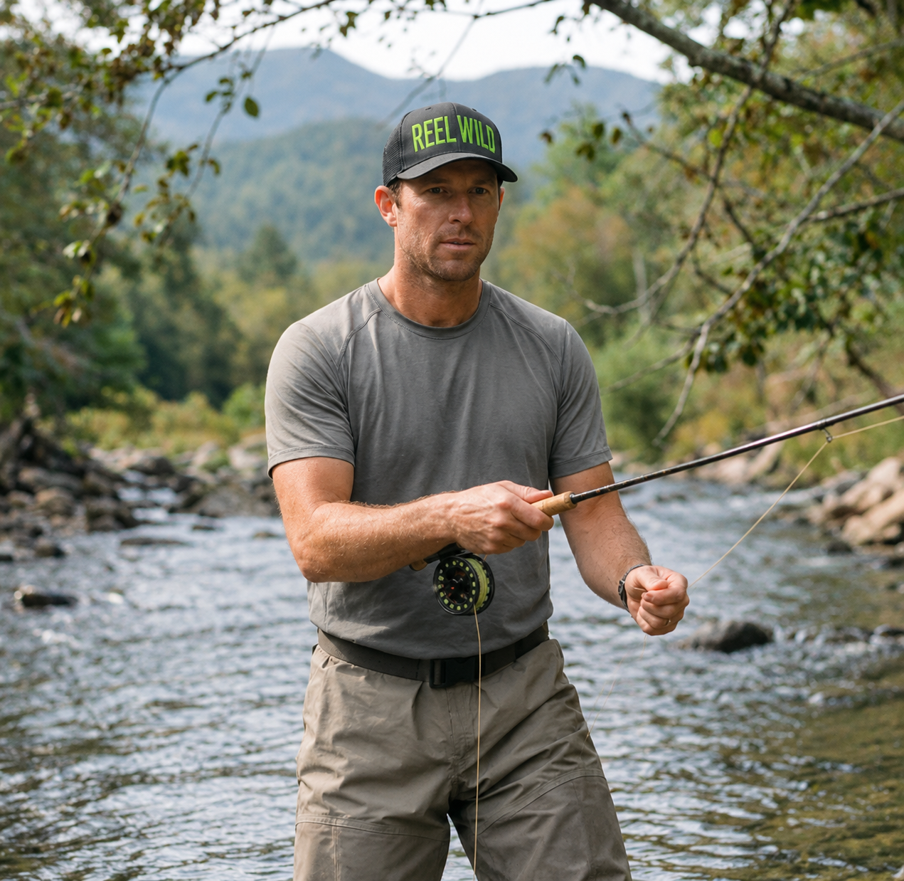 Man wearing a Reel Wild nautical trucker hat on the water