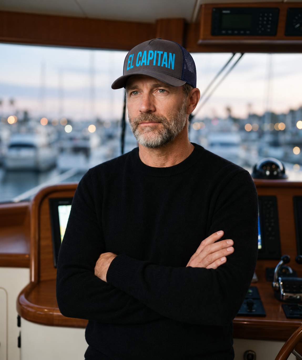 Man wearing an El Capitan nautical trucker hat at the helm of a boat in a marina